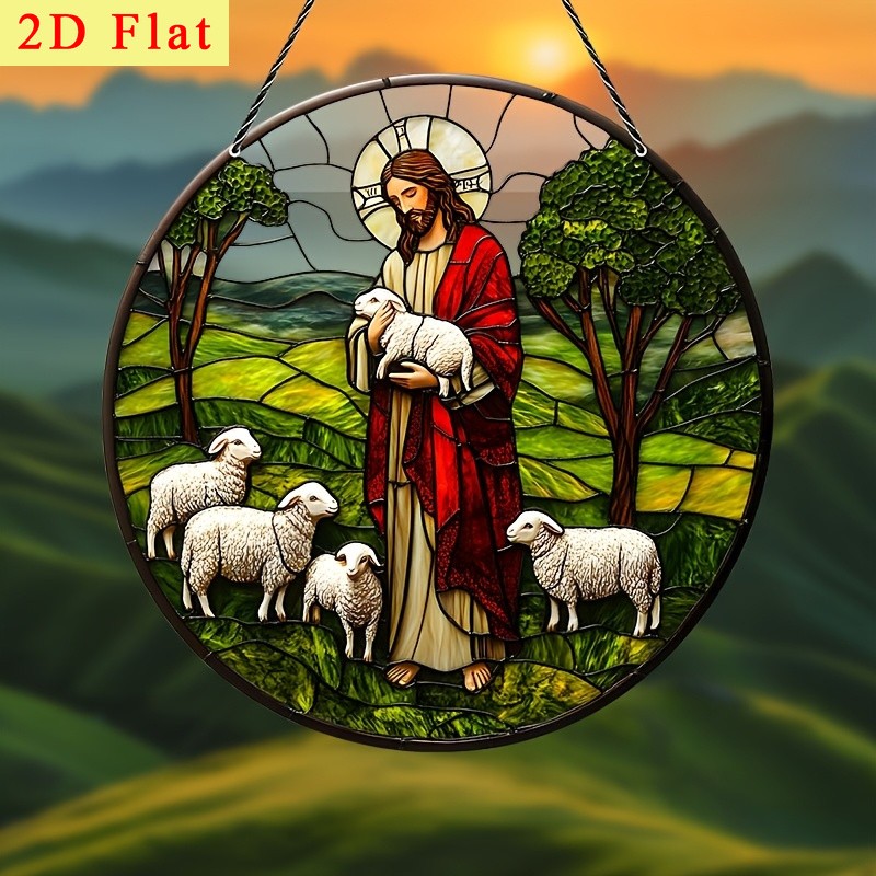 Jesus And Sheep Acrylic Suncatcher Round Window Hanging Religious Home Decor