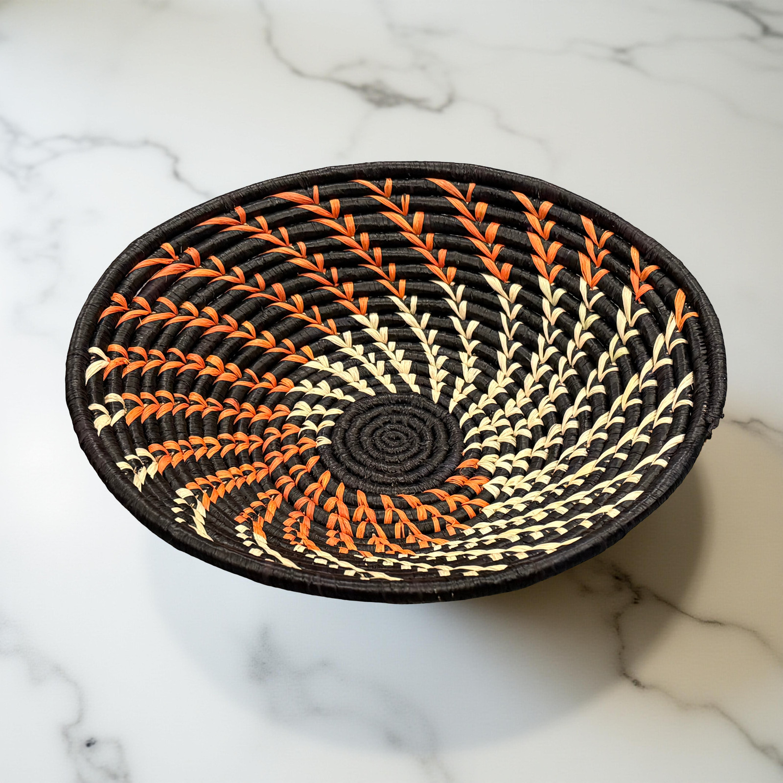 Handwoven Orange, Black, Natural Raffia Bowl – Various Sizes