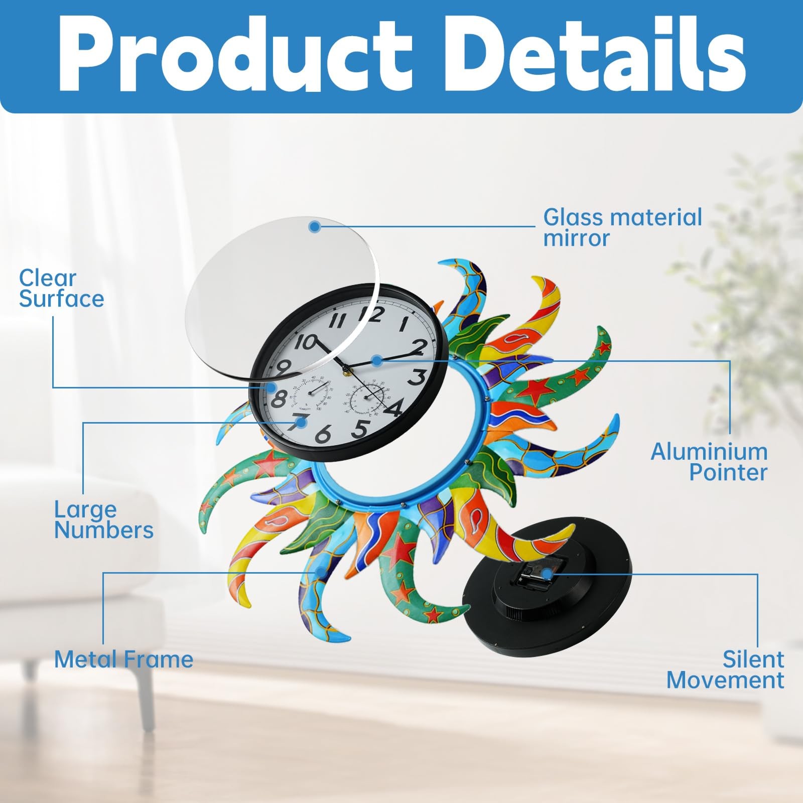 Jusimux Large Blue Sun Outdoor Clock with Thermometer and Hygrometer Combo, S…