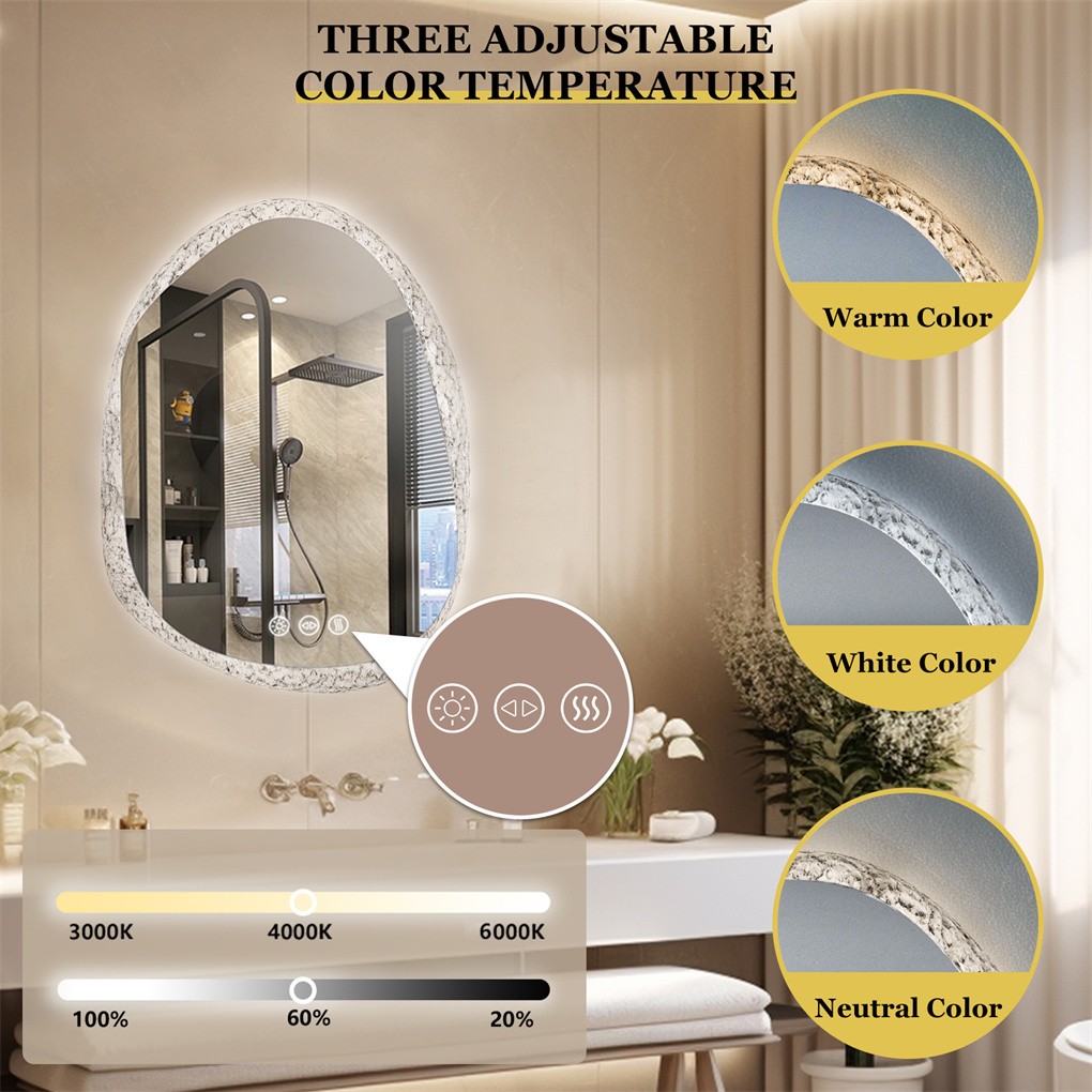 LUVODI Irregular LED Bathroom Mirror Anti-fog Three Colors Wall Vanity Mirror US