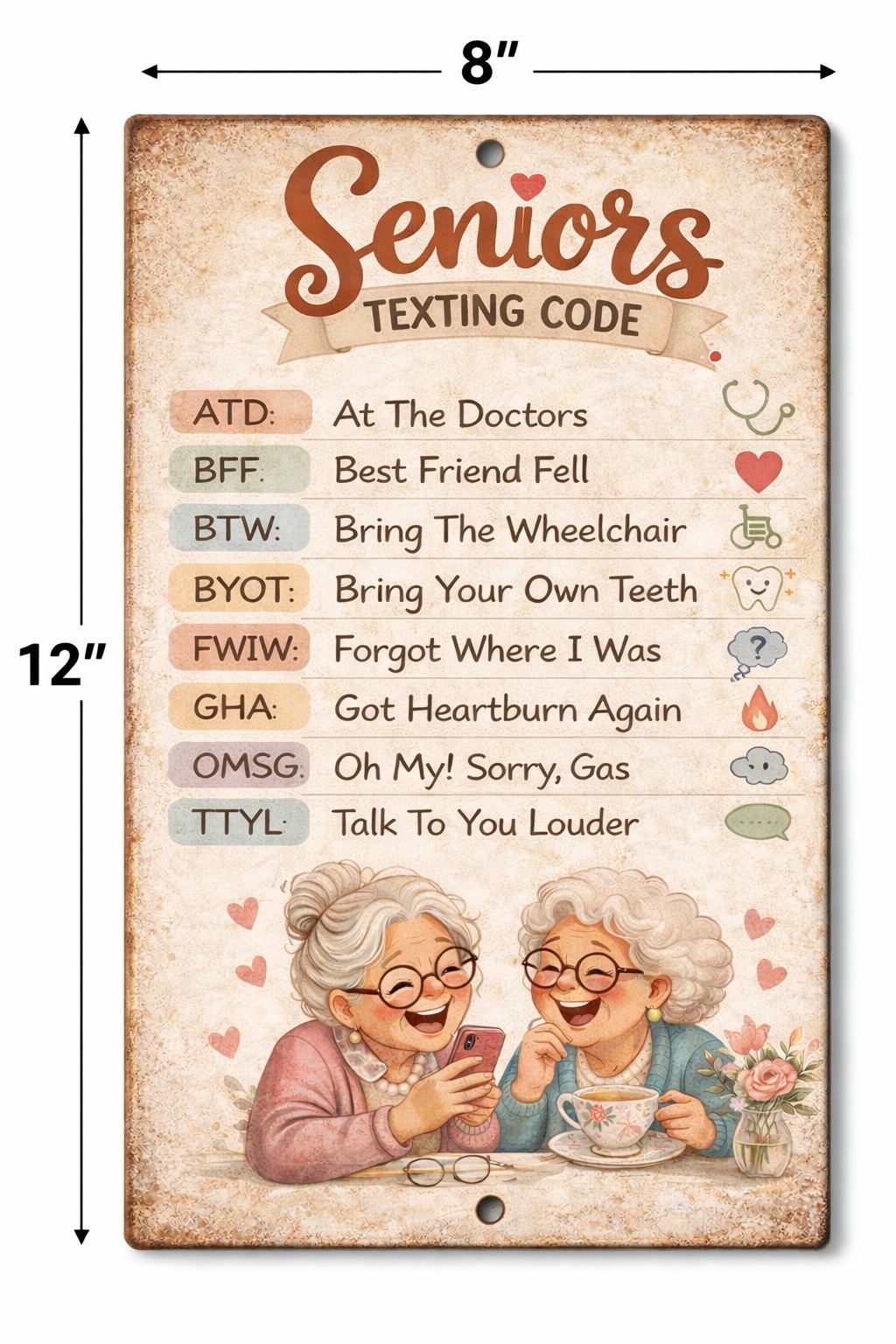 Senior Texting Code Funny Metal Tin Sign Grandma Best Friend Gift 8×12