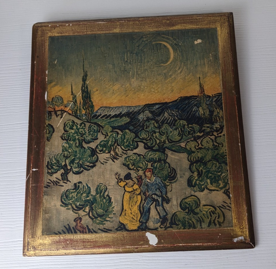 Landscape w/couple walking Crescent moon Van Gogh repro on wood plaque as is