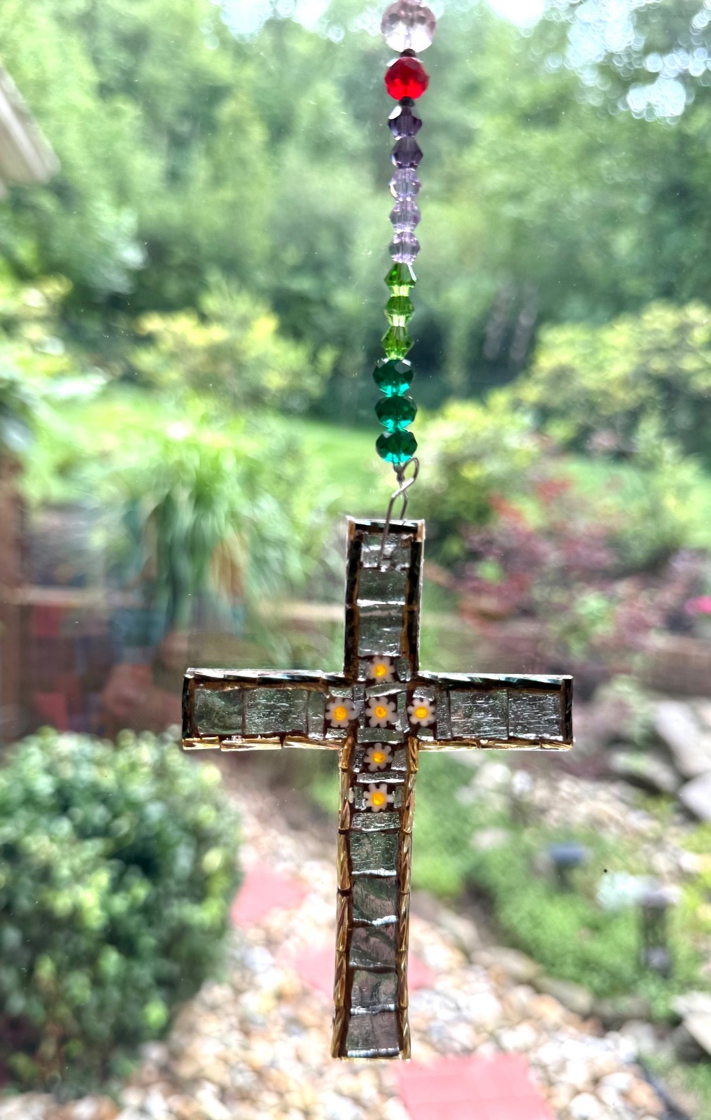 Sun Catcher Cross on glass beads string, artwork from broken stained glass