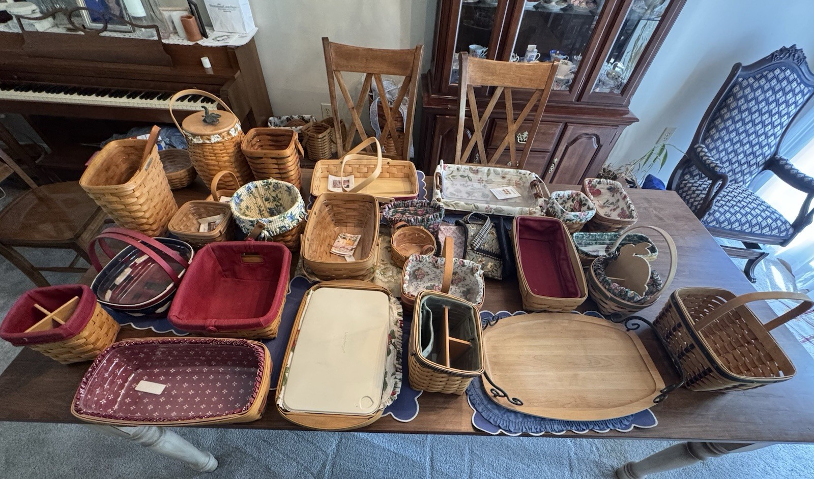 Longaberger Basket Set 23pcs Wicker Wood Country Brown Multicolor Handles Liners