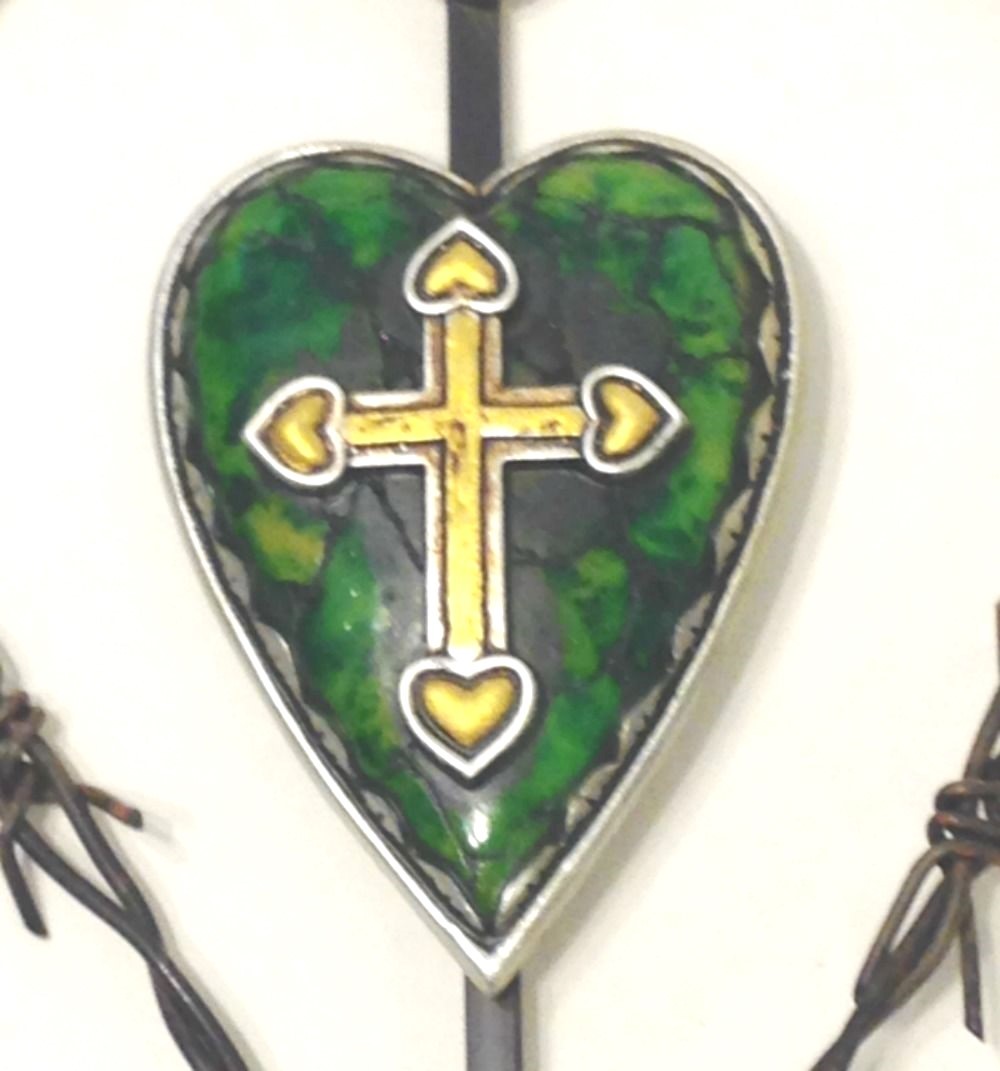 Heart Cross Metal Decor Green & Yellow Wall Hanging 6 1/2×8 1/2 Inches New