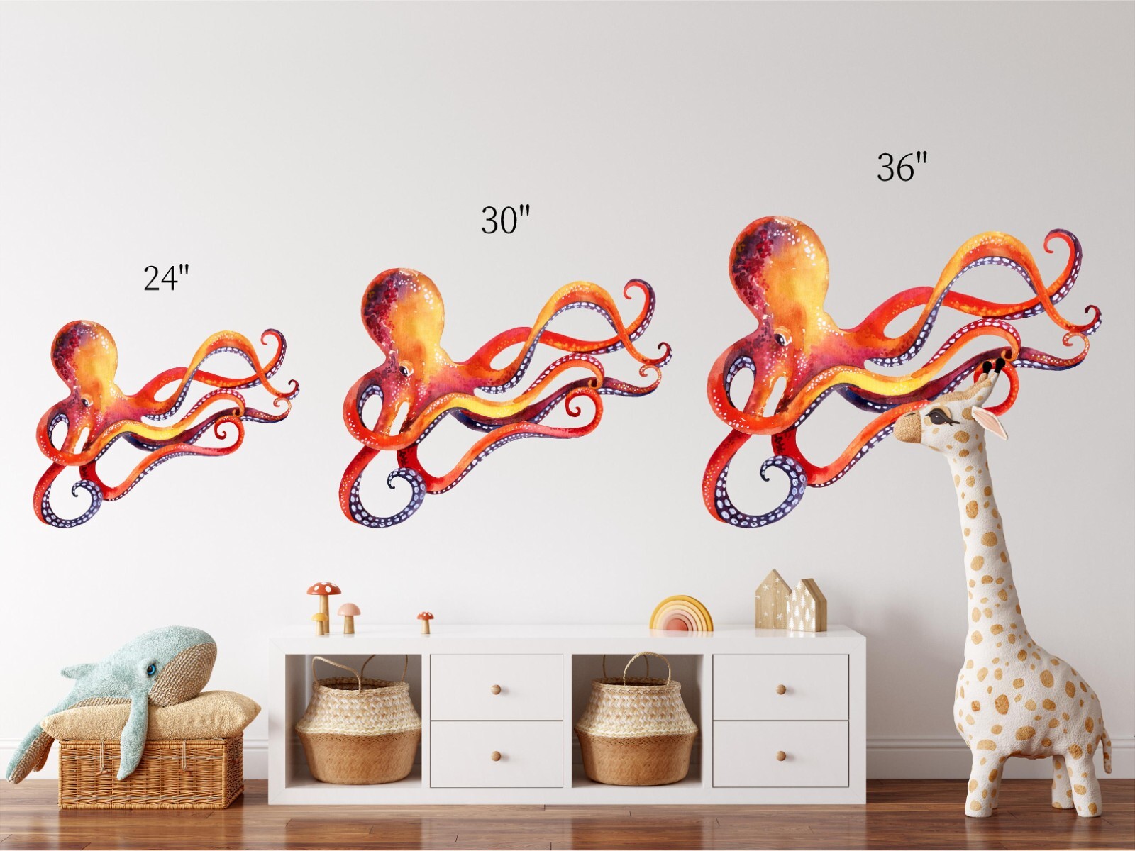 Red Octopus Wall Decal Removable Fabric Wall Sticker Peel and Stick Ocean Sea
