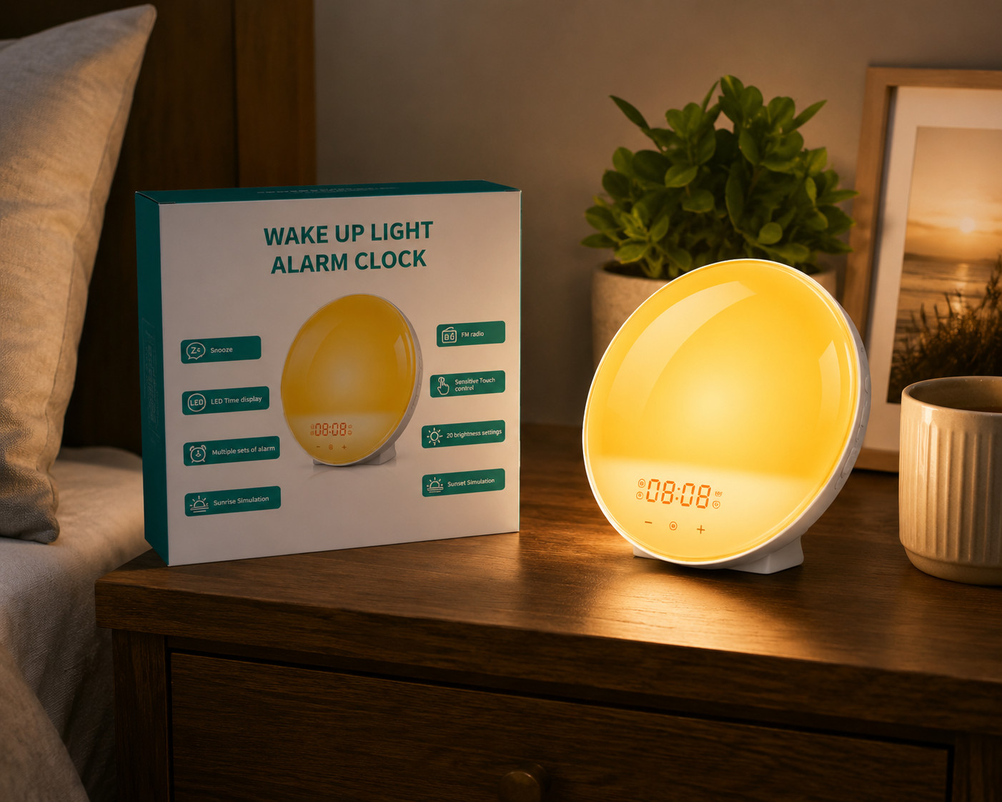 Sunrise Wake Up Light Alarm Clock FM Radio LED Touch Control USB Charger New