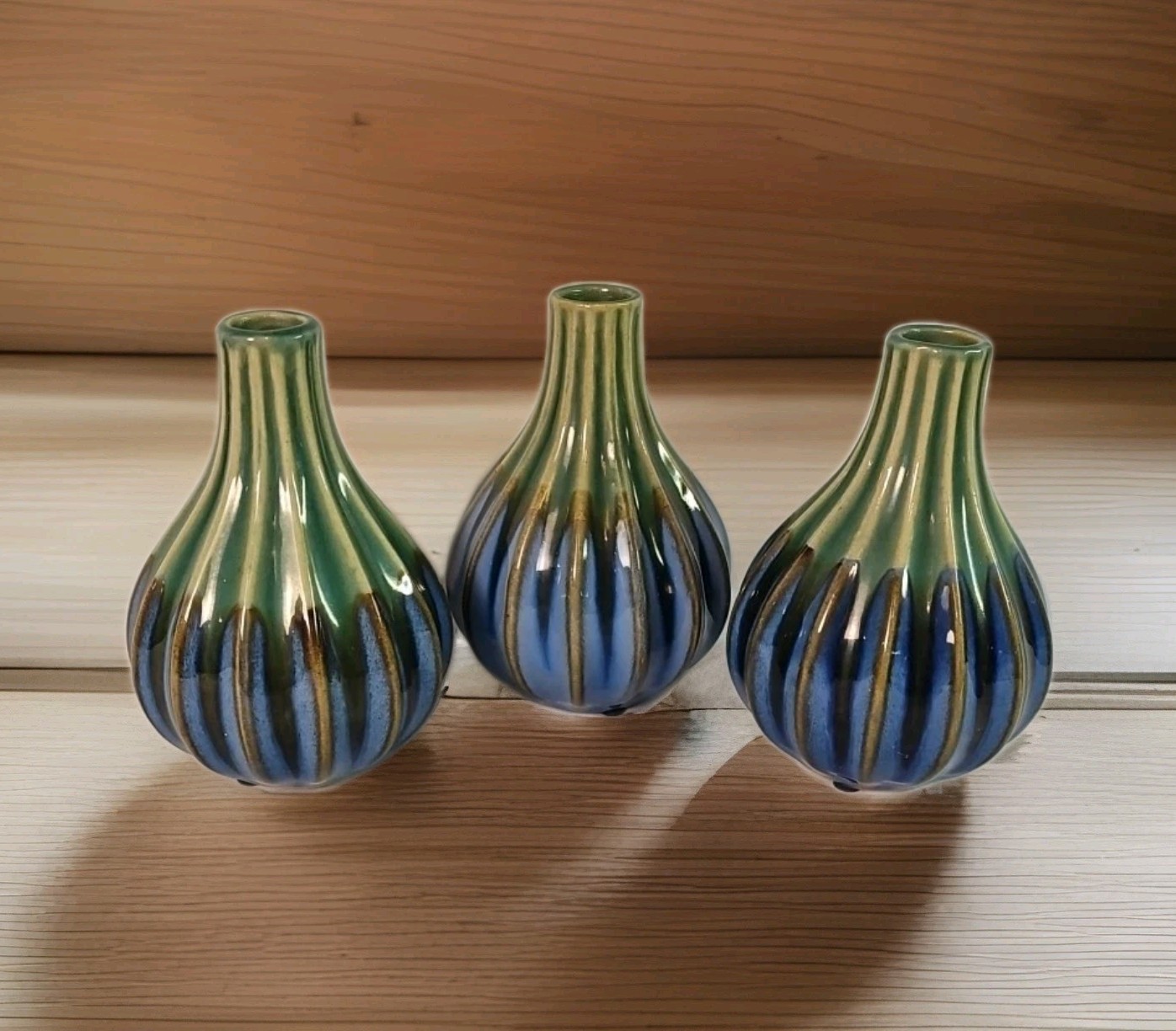Pier 1 Ribbed Bud Vases 6.5 Green Blue Brown Set Of 3 Centerpiece Home Decor NEW