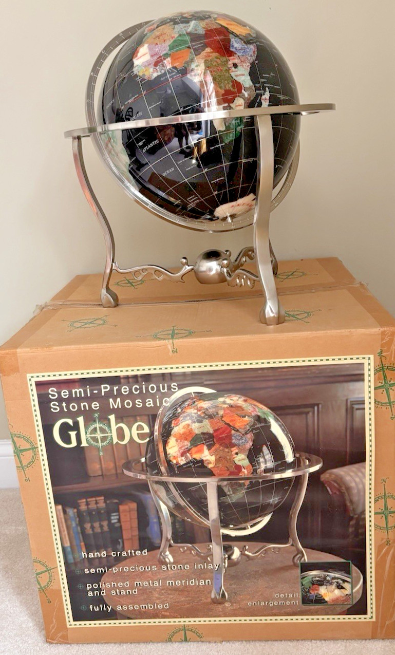 Beautiful Globe w/ Semi Precious Stones & Black Oynx Finish On Silver Stand