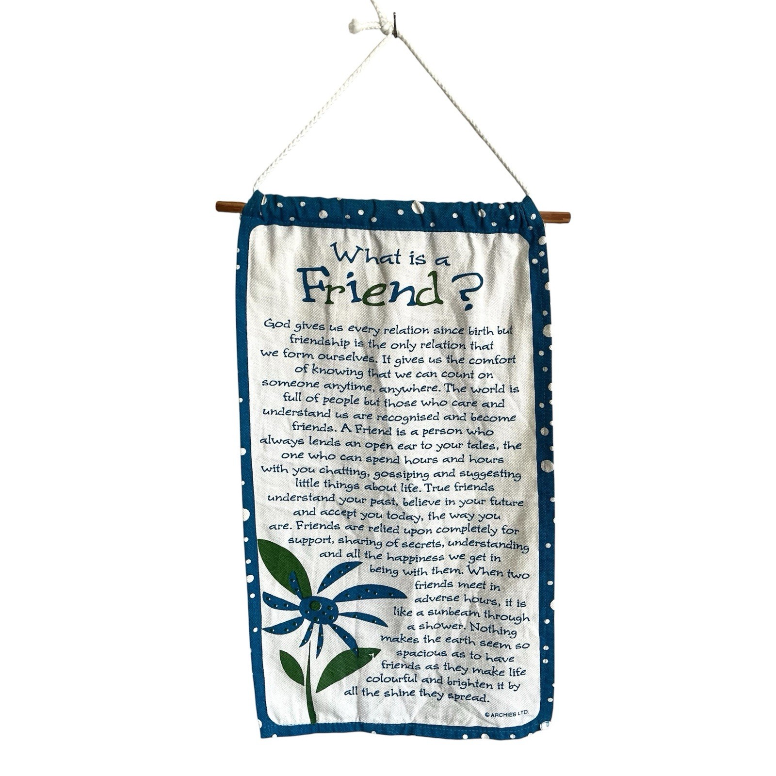 Archies Friendship Fabric Wall Hanging Blue Floral Polka Dot Boho Rustic