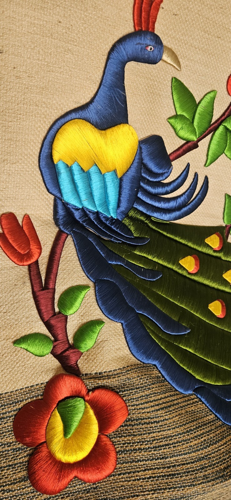 Vtg 70s Peacock Burlap Wall Hanging Boho Embroidered 3D Satin Stitch Fringe 41″