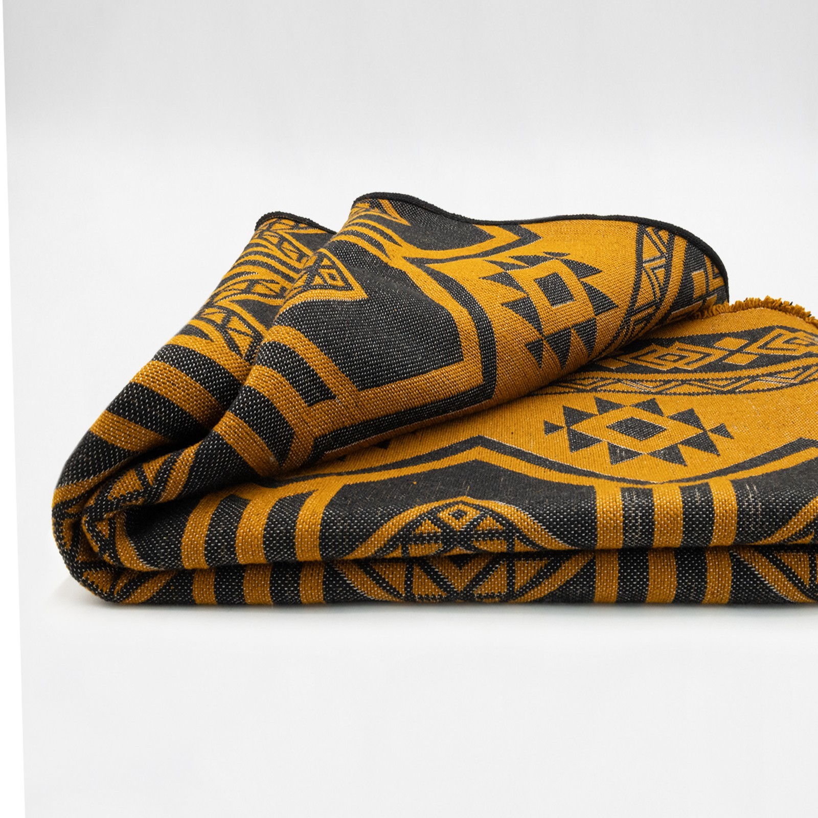 Handwoven Soft & Warm Heavy Thick Llama Wool Blanket – Mustard / Black 95×79 in