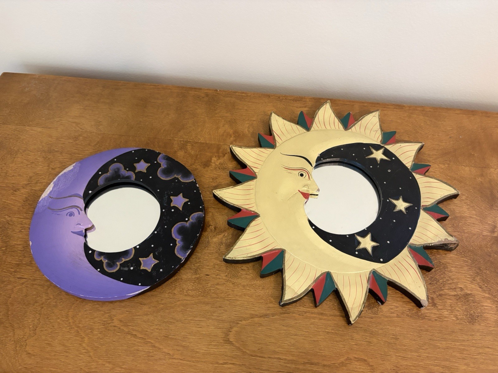 Vintage Sun & Moon Celestial Framed Painted Wood Wall Accent Mirror 12 in