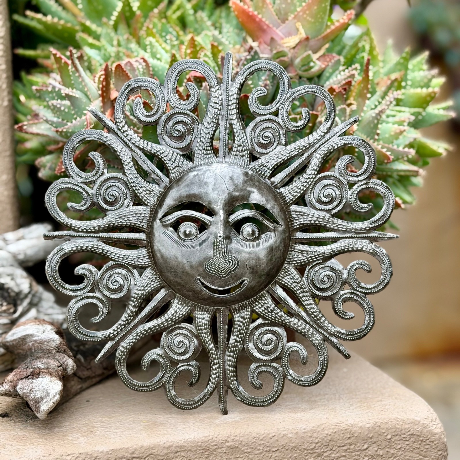 Haitian Metal Sun Face Wall Art 10×10 Hand Chiseled Recycled Steel Decor