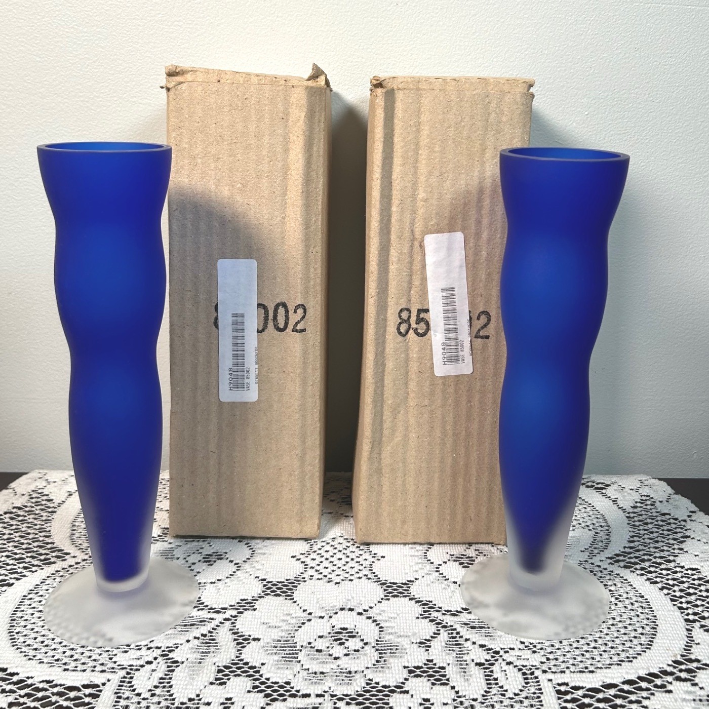 Cobalt Blue Frosted Glass Bud Vases PAIR Gorgeous Designs China Modern Decor