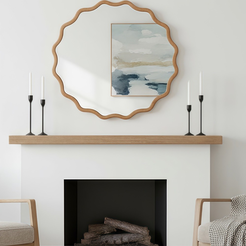 30in Wavy Round Mirror Wood Frame Mid-Century Modern Mirror For Bedroom Bathroom