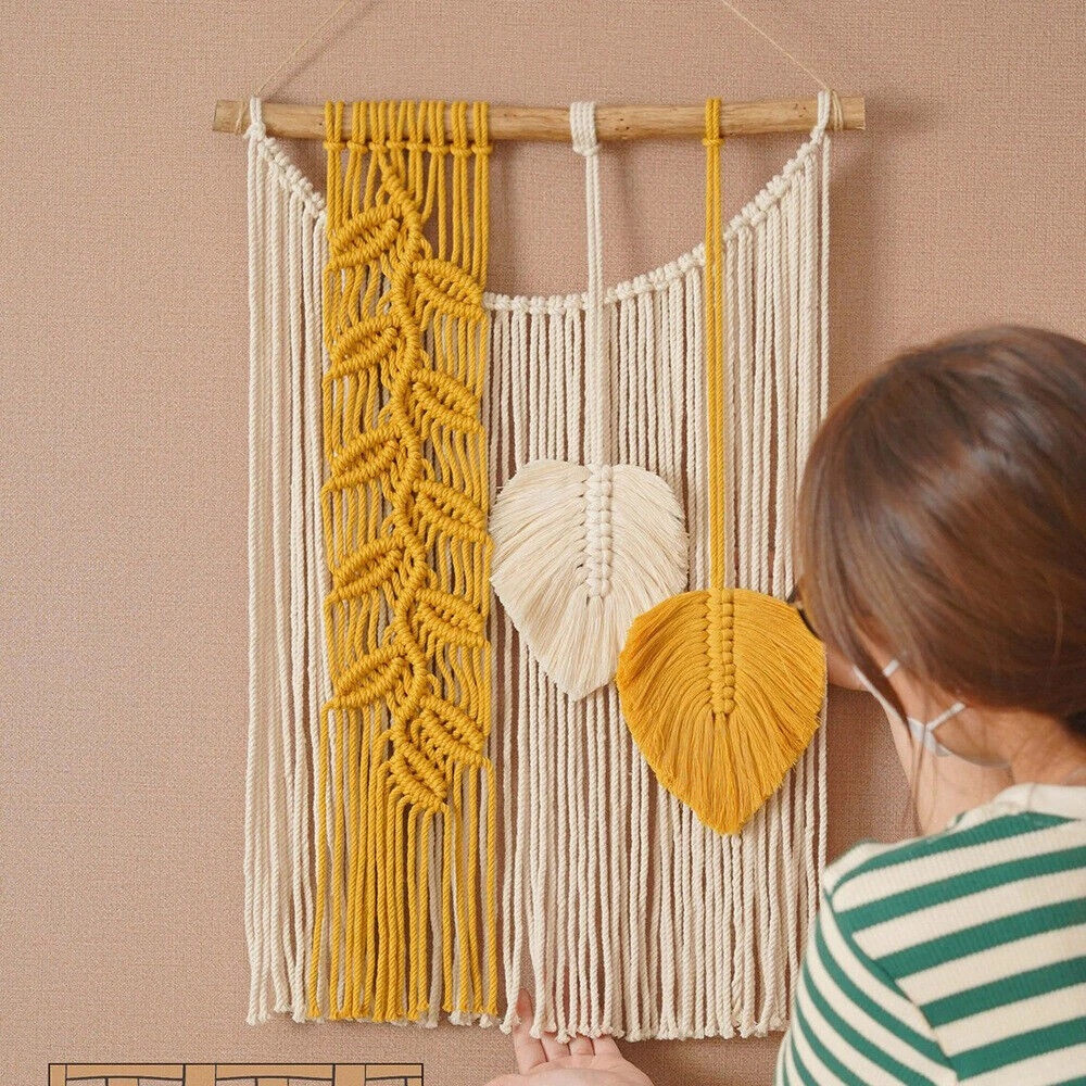 Boho Macrame Wall Hanging Tapestry, Handmade Leaf Woven Decor for Home Walls