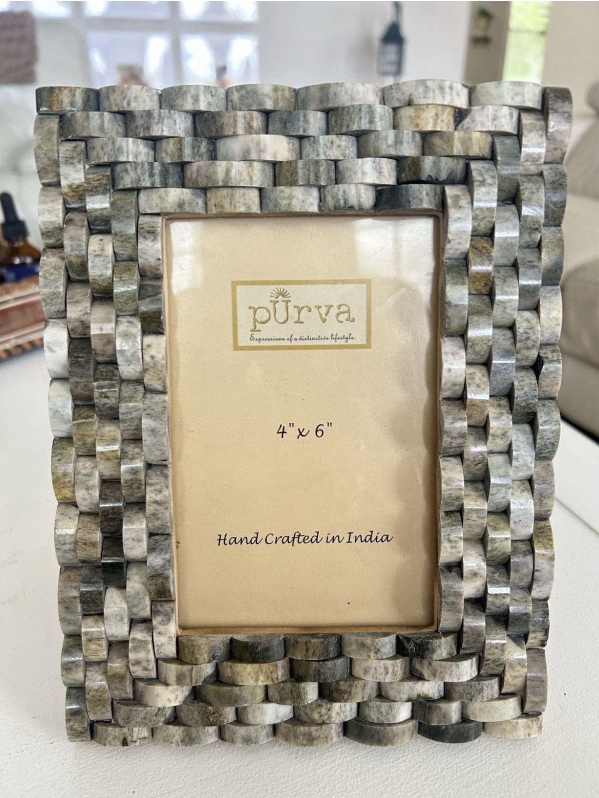 Purva Handcrafted Horn Bone Inlay Picture Frame 4×6 Basketweave Gray Mosaic Boho