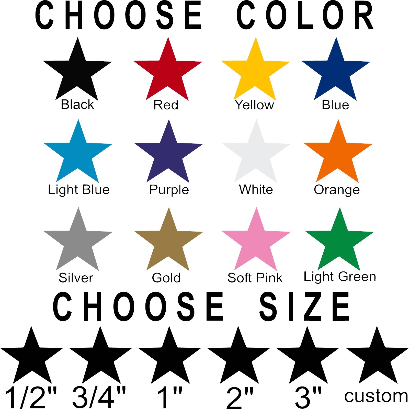 Star stickers! Pick your size and color! Permanent outdoor glossy vinyl decals.