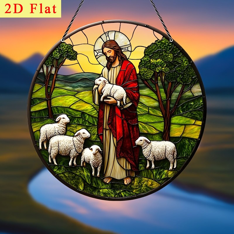 Jesus And Sheep Acrylic Suncatcher Round Window Hanging Religious Home Decor