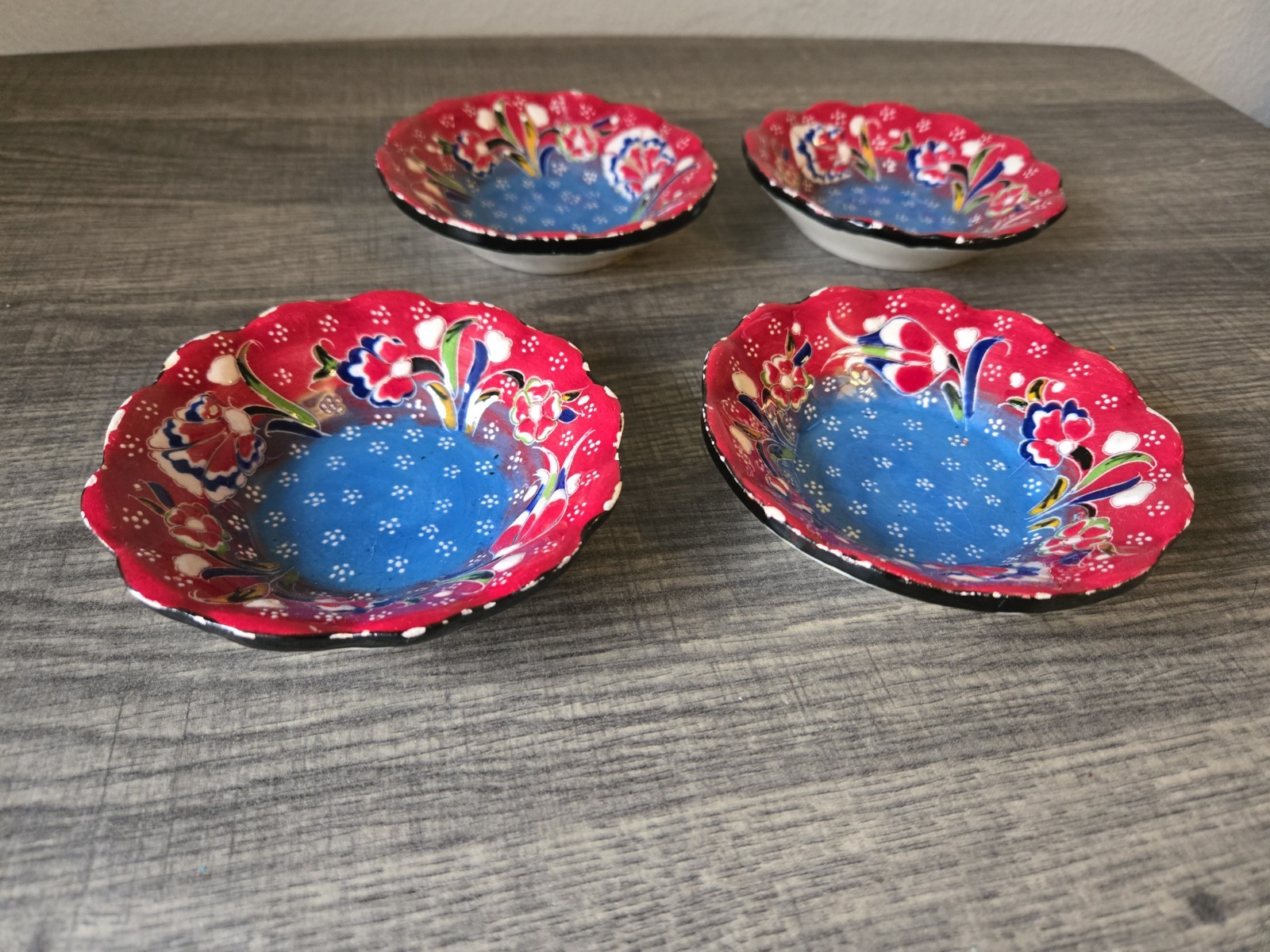 Ceramic Turkish Handmade Relief Bowls Set of 4, Red Floral Pattern, 4″ Plates