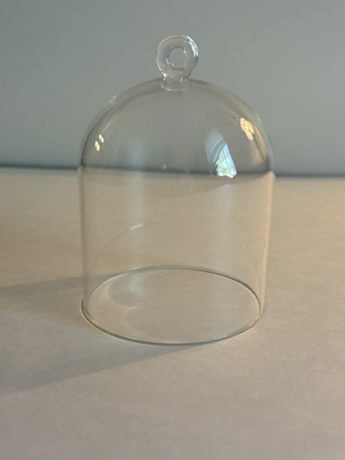 Unused/NEW Glass Cloche Dome 4 1/4” Tall & 3 3/8” Wide Loop Handle Top
