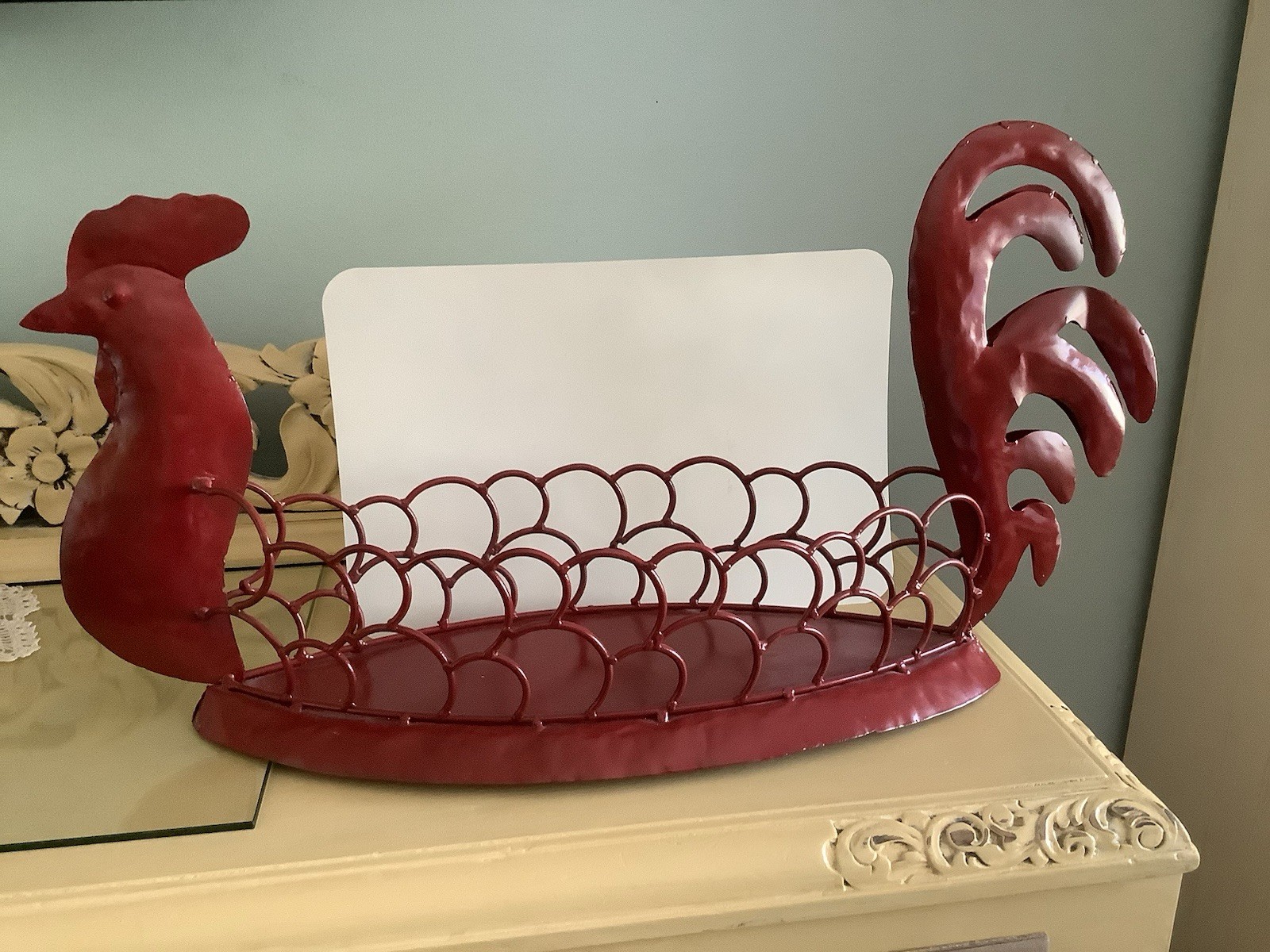 Huge Farmhouse Metal Red Rooster Basket Country Decor 29 In. Long