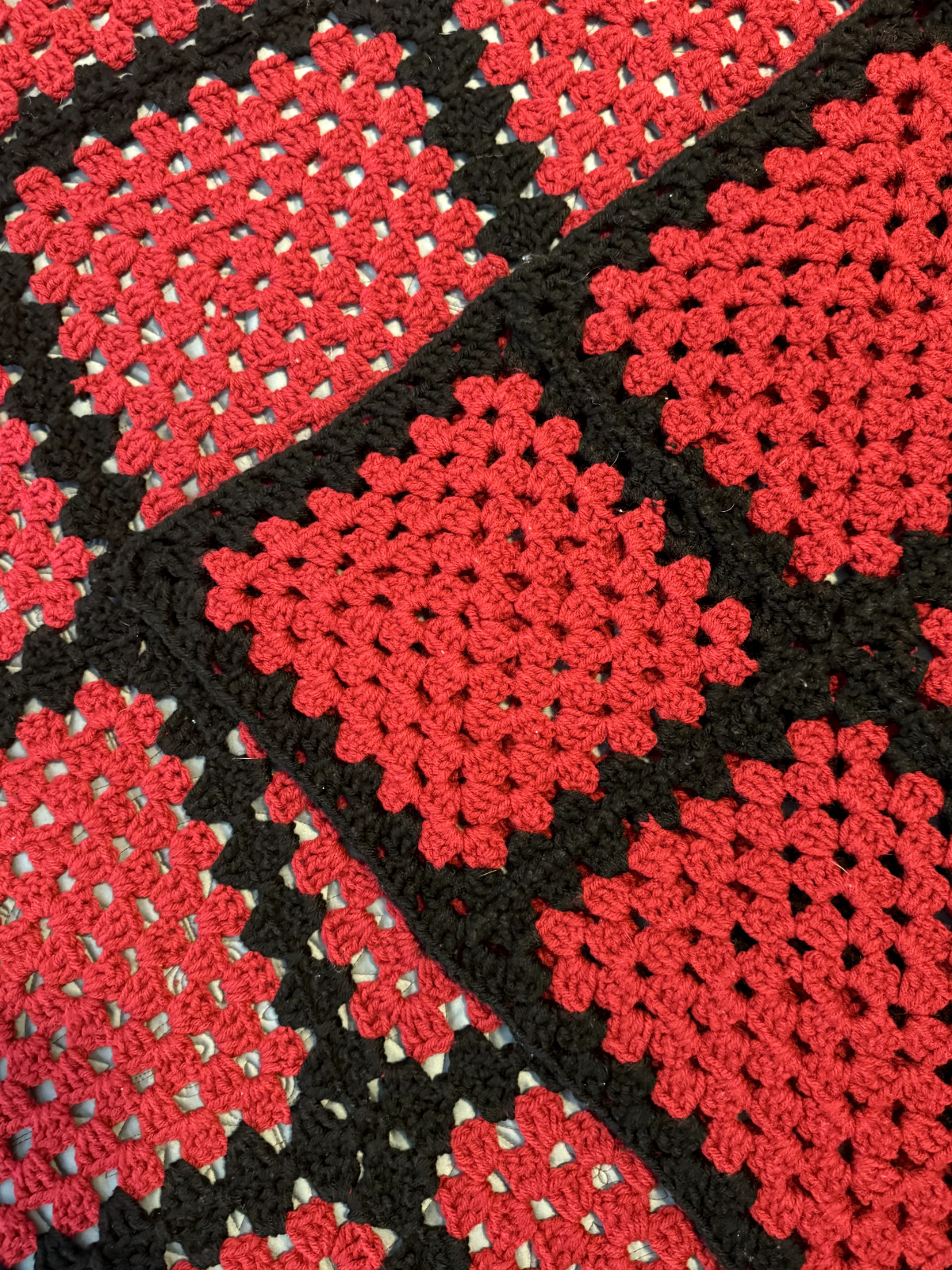 Vintage Crochet Throw Afghan Blanket 60×78 Deep Red Squares Outlined in Black