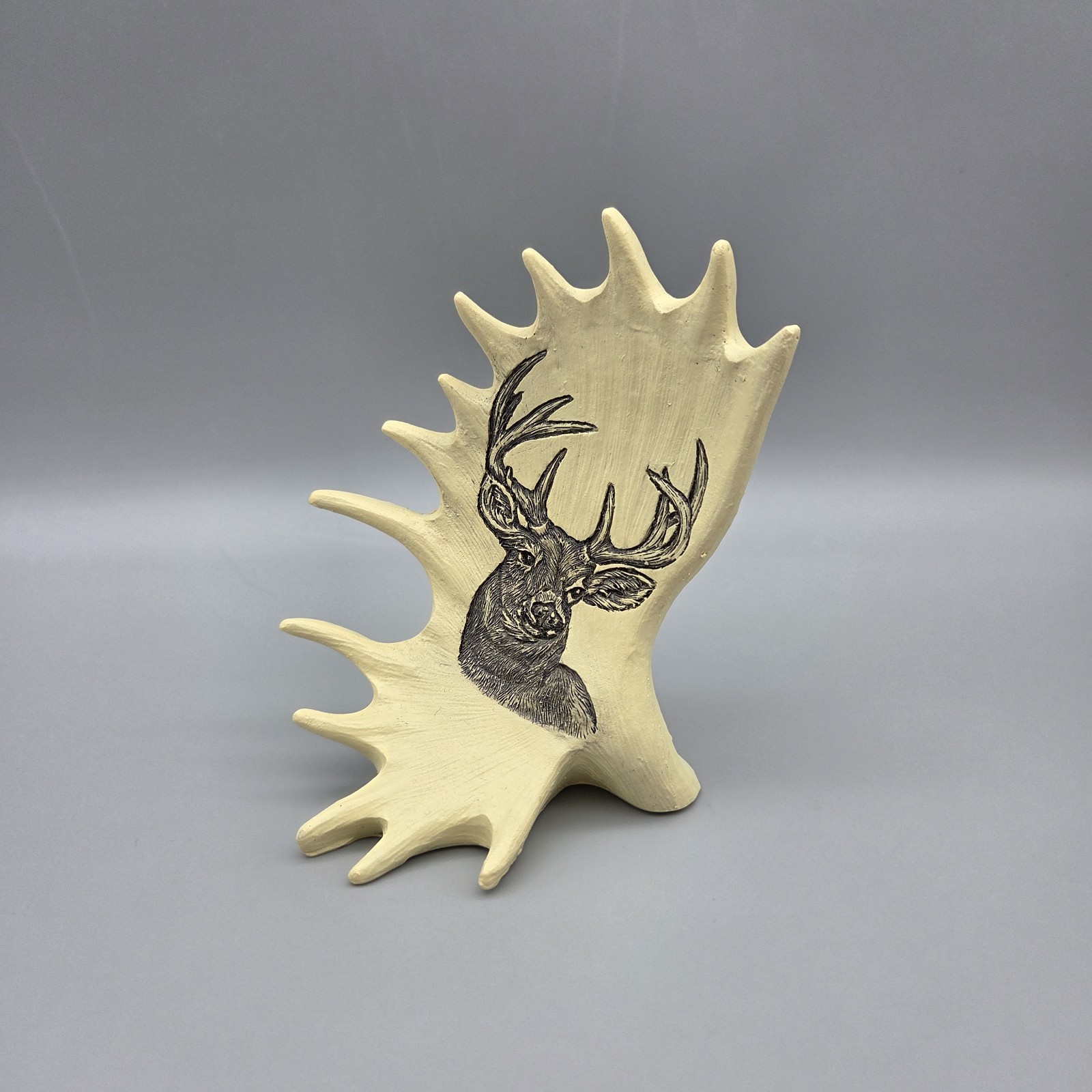 Antler Shaped Figurine With Elk Deer Carving 4.5″ Rustic Hunting Farmhouse Decor