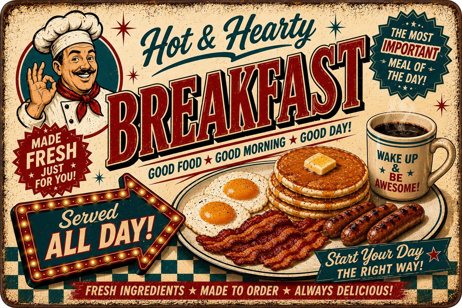 Retro Breakfast Tin Sign Pancakes Bacon Eggs Coffee Diner Kitchen Wall Decor