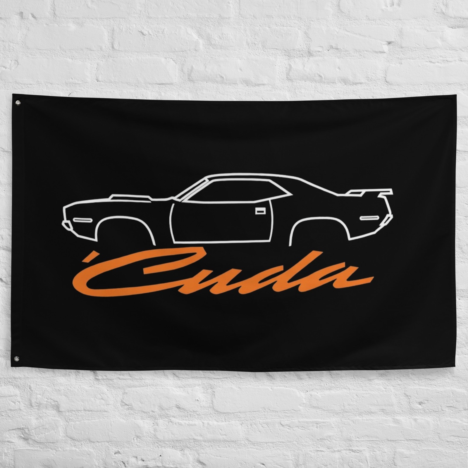 Cuda Wall Banner Barracuda Silhouette Orange Script Garage Decor 34×56