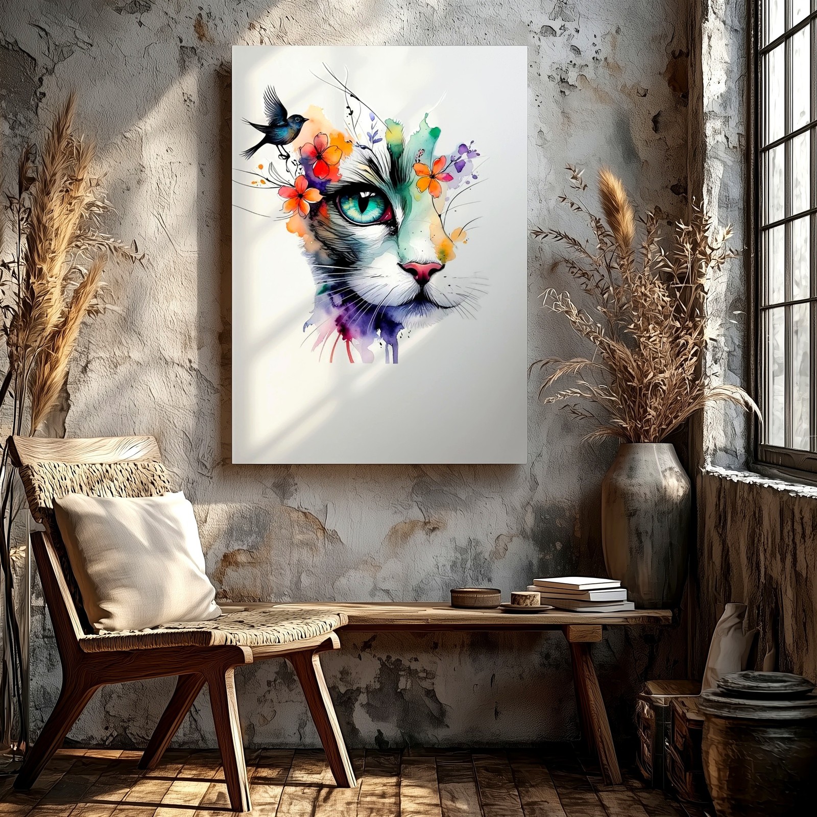 Wall Art Colorful Watercolor Cat Face with Flowers Bird Abstract Animal Print