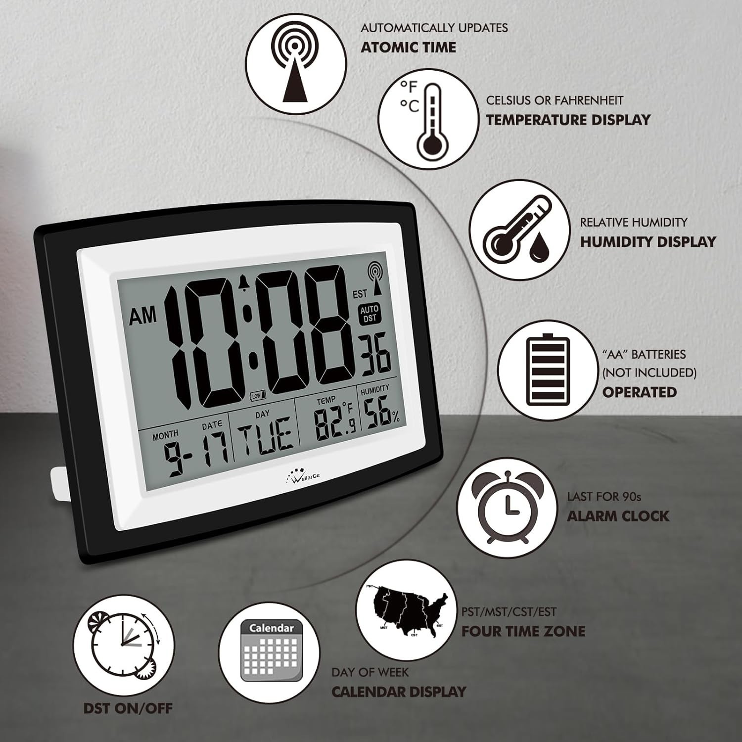 WallarGe Atomic Clock with Indoor Temperature and Humidity, 12.5 Inch