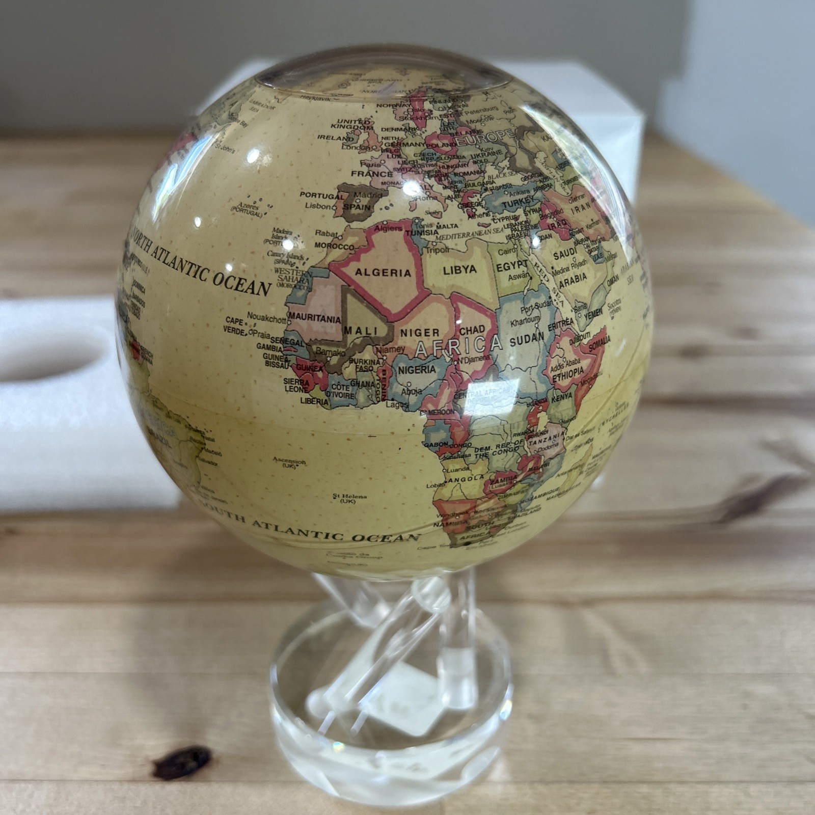 MOVA Rotating Globe W/ 3- Prong Stand New In Box 6 Inch Antique Beige