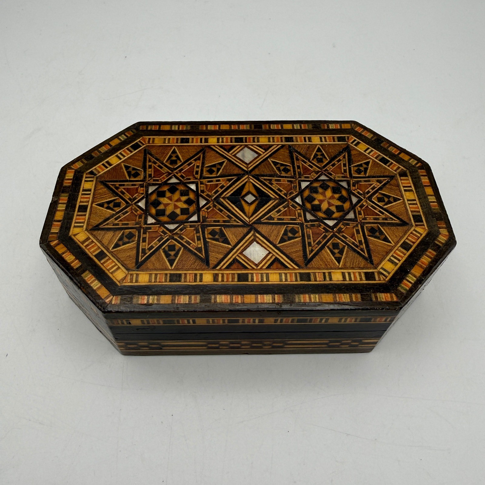 Vintage Marquetry Wood Inlay Jewelry Box Velvet Lined Silver Star Octagon 5.5in
