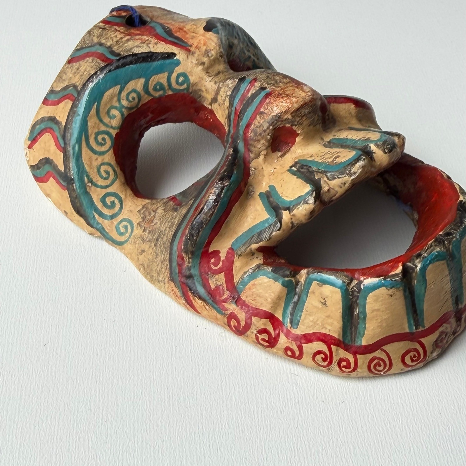 Vintage Hand Painted Wooden Skull Mask Folk Art Decor Tribal