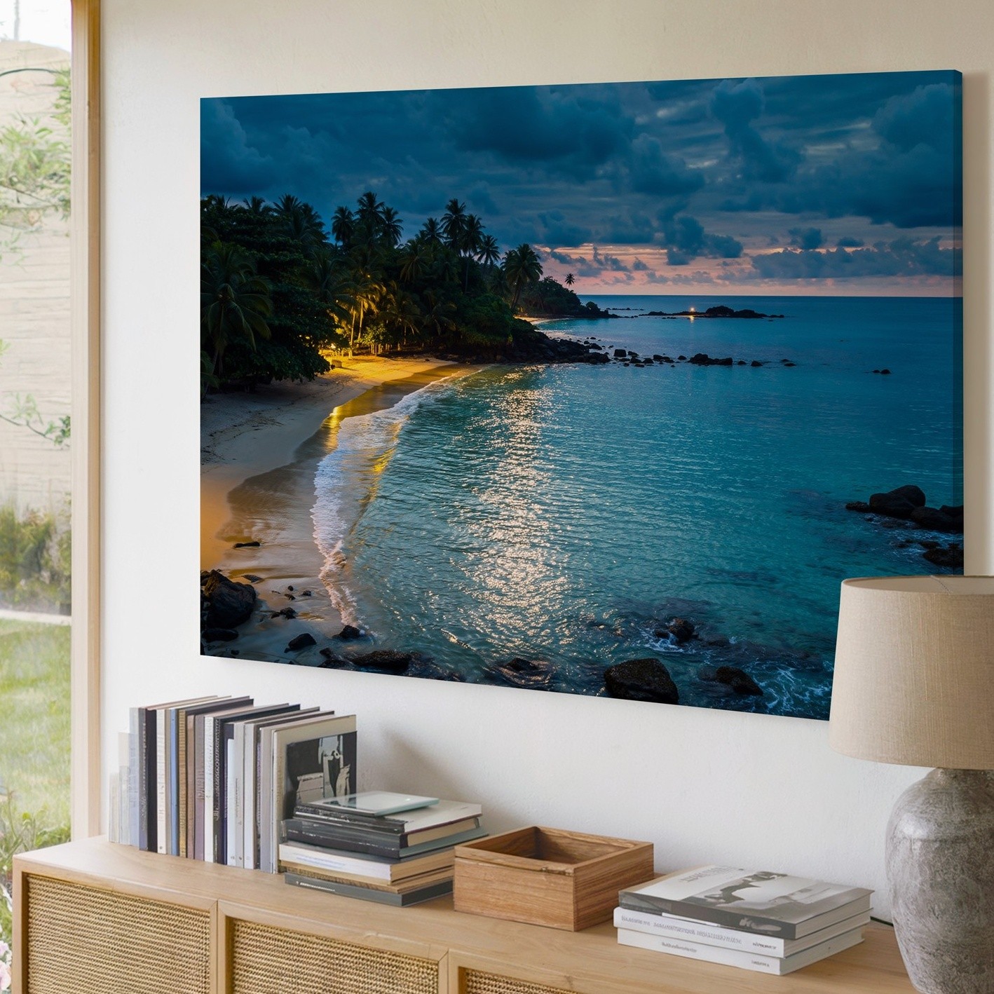 Wall Art Serene Beach Scene At Night, Featuring A Sandy Shoreline Bordered By