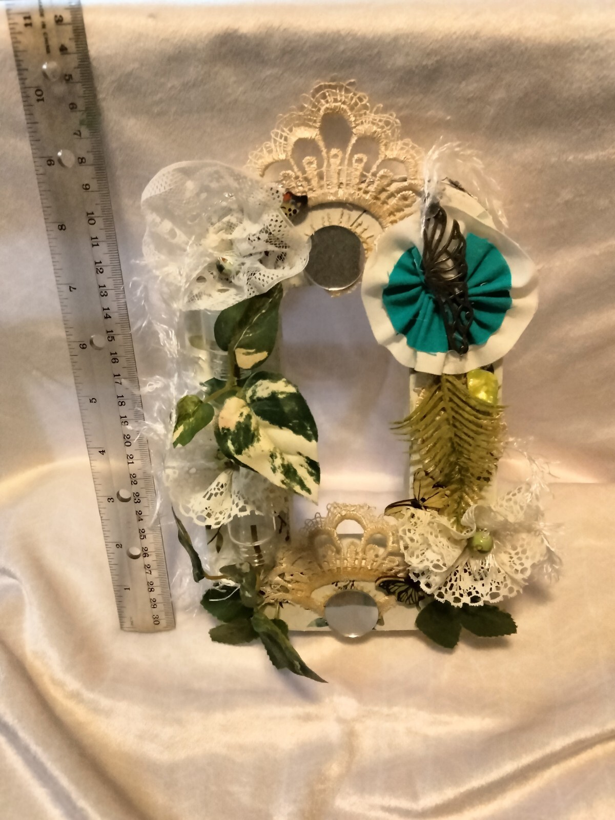 handmade shabby chic wall decor, white background. embellishment overload