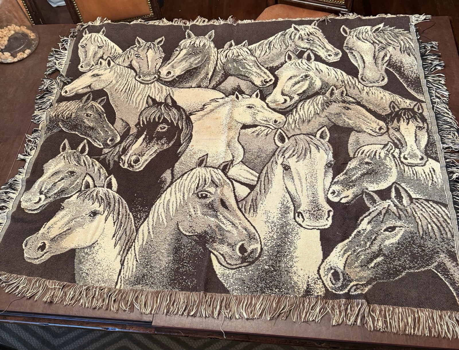 Vintage Woven Black Brown & Cream Tone Horse Tapestry Throw Blanket