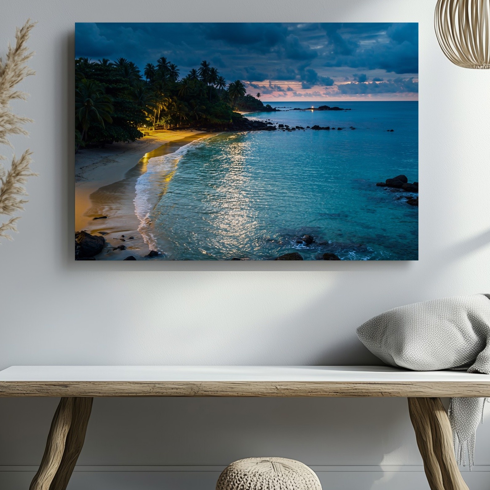 Wall Art Serene Beach Scene At Night, Featuring A Sandy Shoreline Bordered By