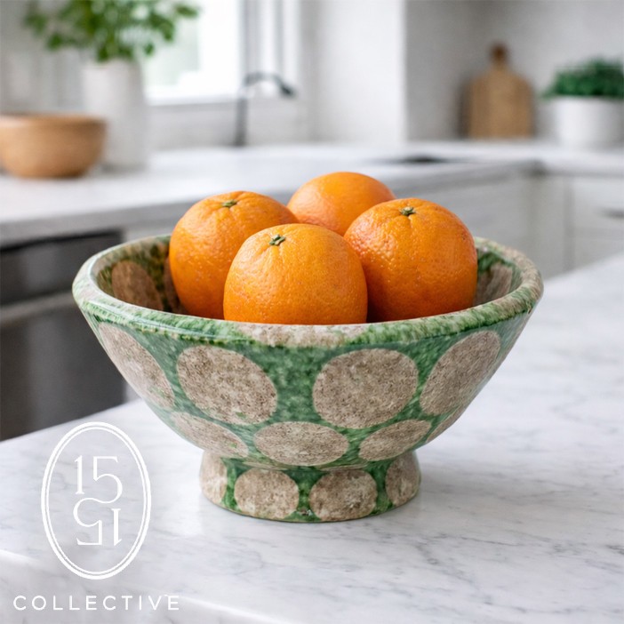 Green & Cement Gray Terra-Cotta Footed Decorative Bowl with Wax Relief Dots
