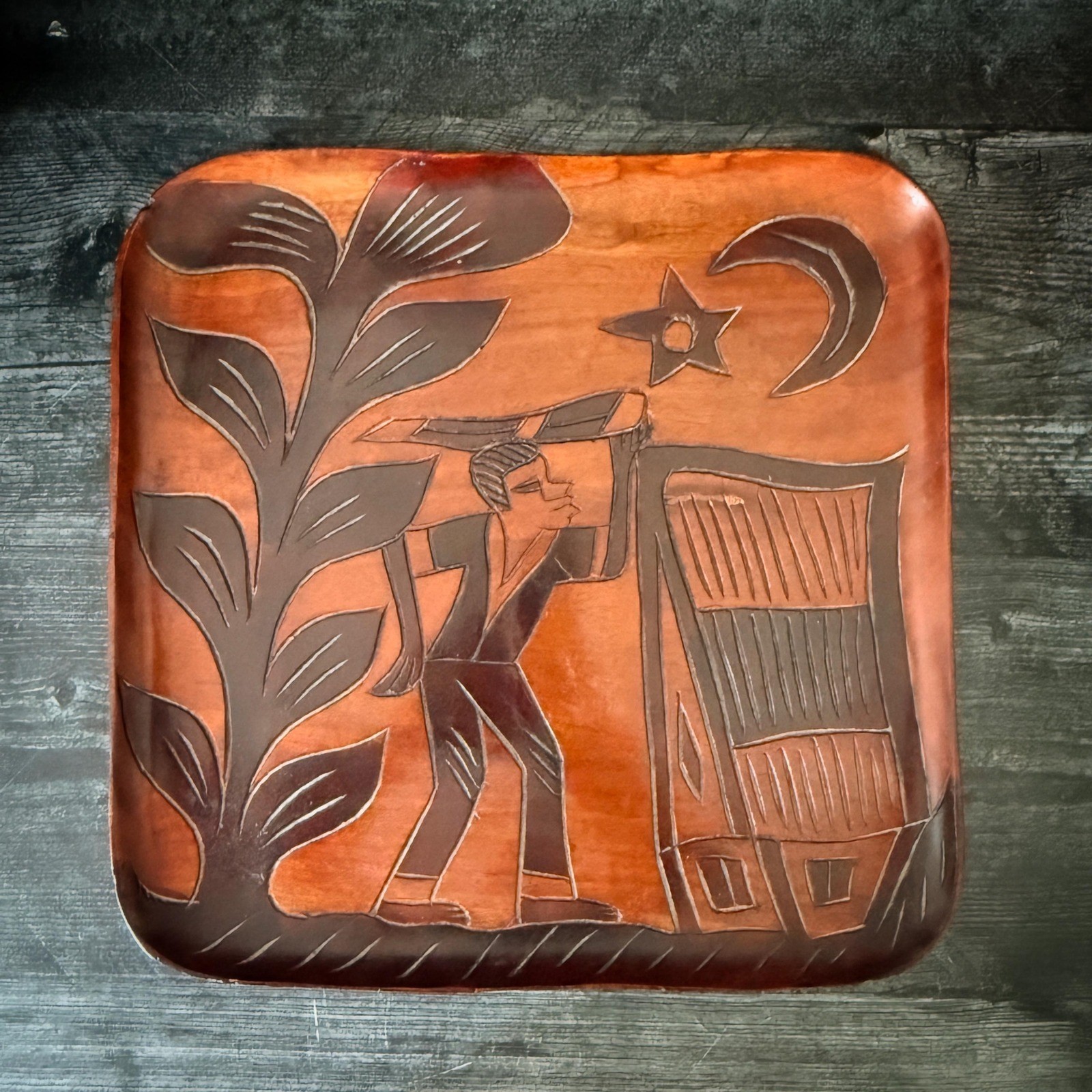 Vintage Haitian Folk Art Carved Wood Tray – Relief Sculpture