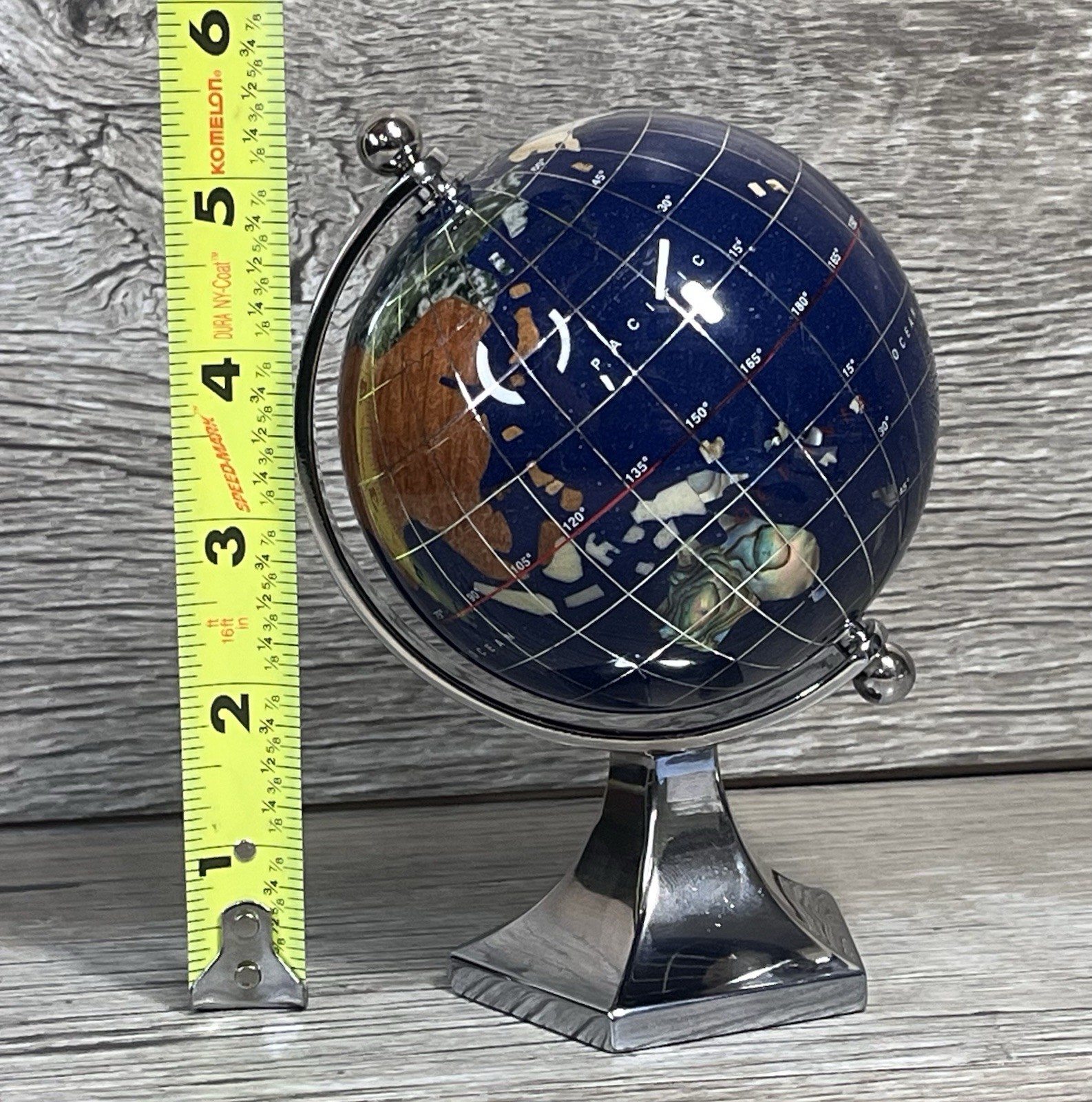 GEMSTONE MINI WORLD GLOBE Semi-Precious Inlay Chrome Stand 5.5″ Tabletop Decor