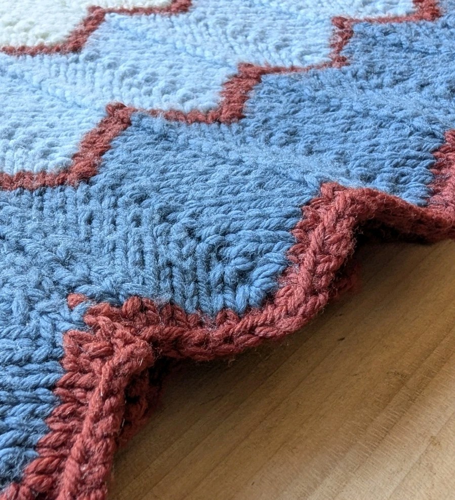 Vtg Handknit Handmade Chevron Afghan Throw Blue Cream Rust Wool Blend 52×68