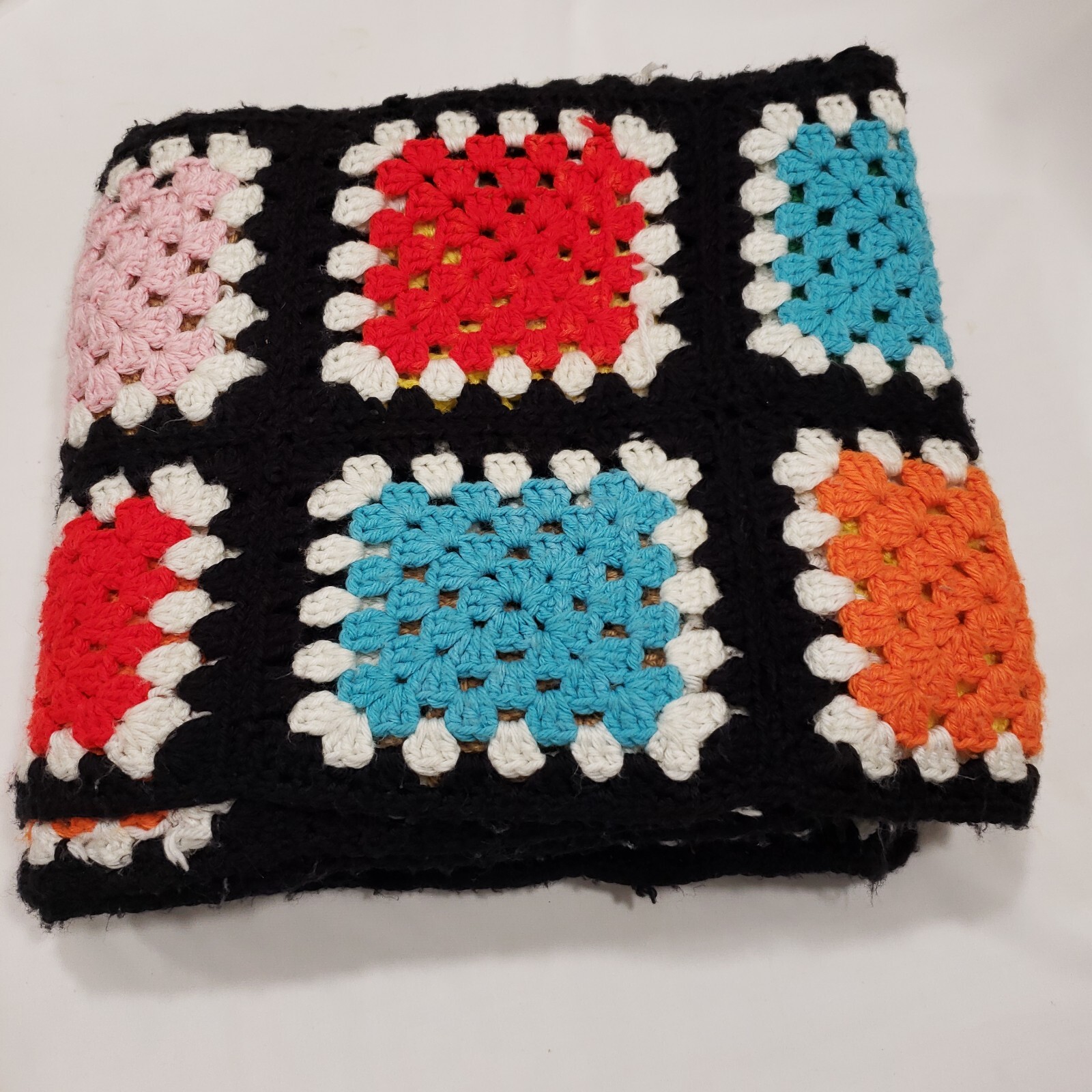 Throw Blanket Crochet Multicolor Granny Square Black Border Handmade Afghan Boho