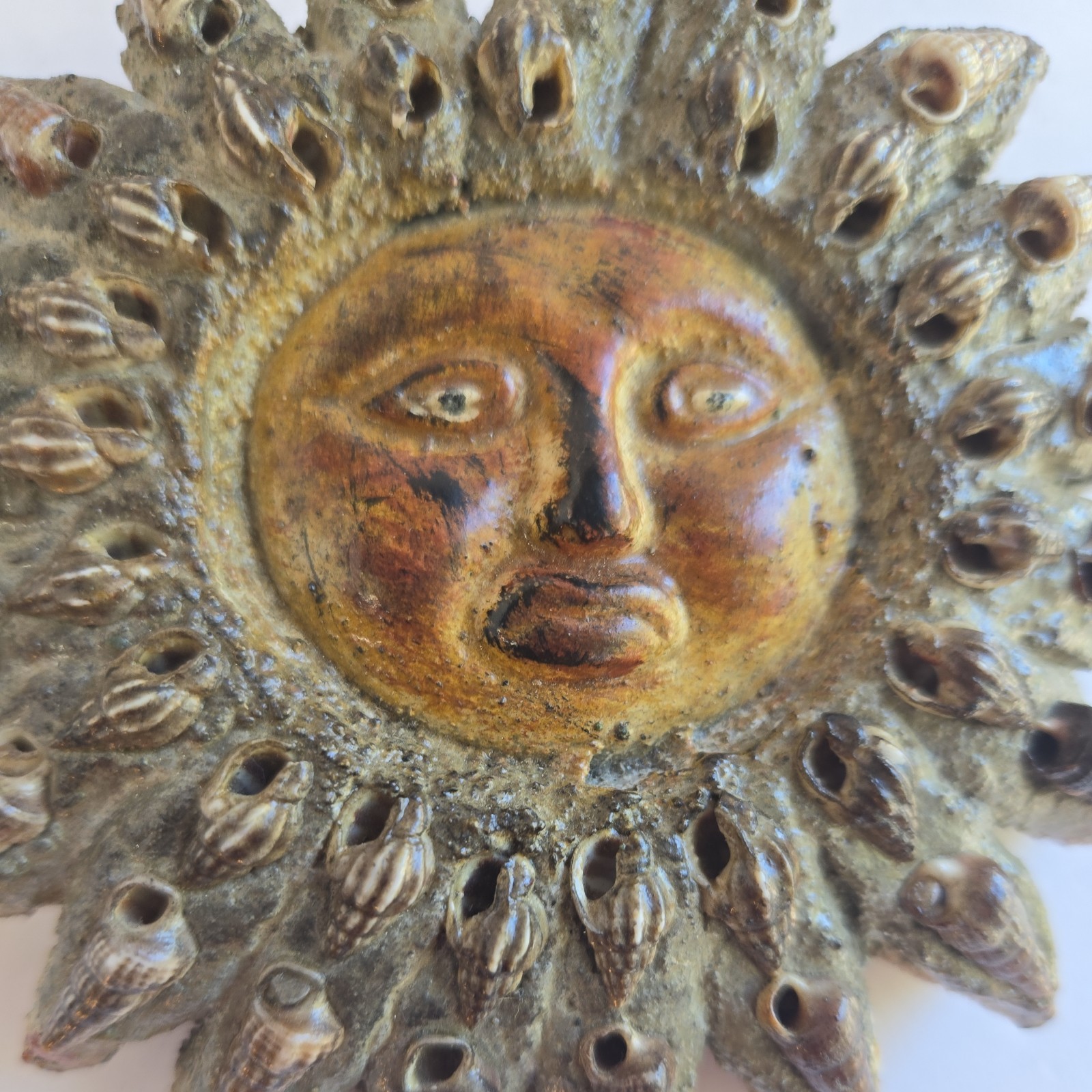 Heavy 5″ x1.5″ thick Ceramic / Clay Sun Face wall Hanging w Sea Shells unusual