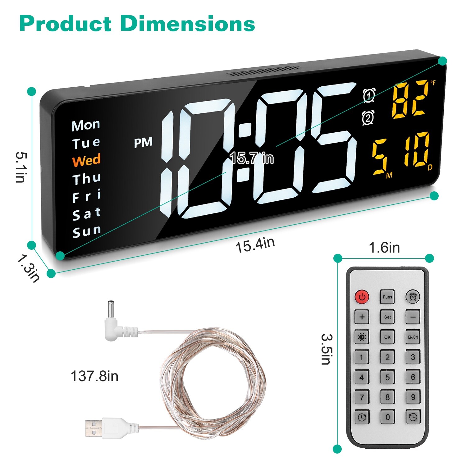Digital Wall Clock Dual Alarm LED Digits Display Auto-Dimming 12/24Hr Time Clock