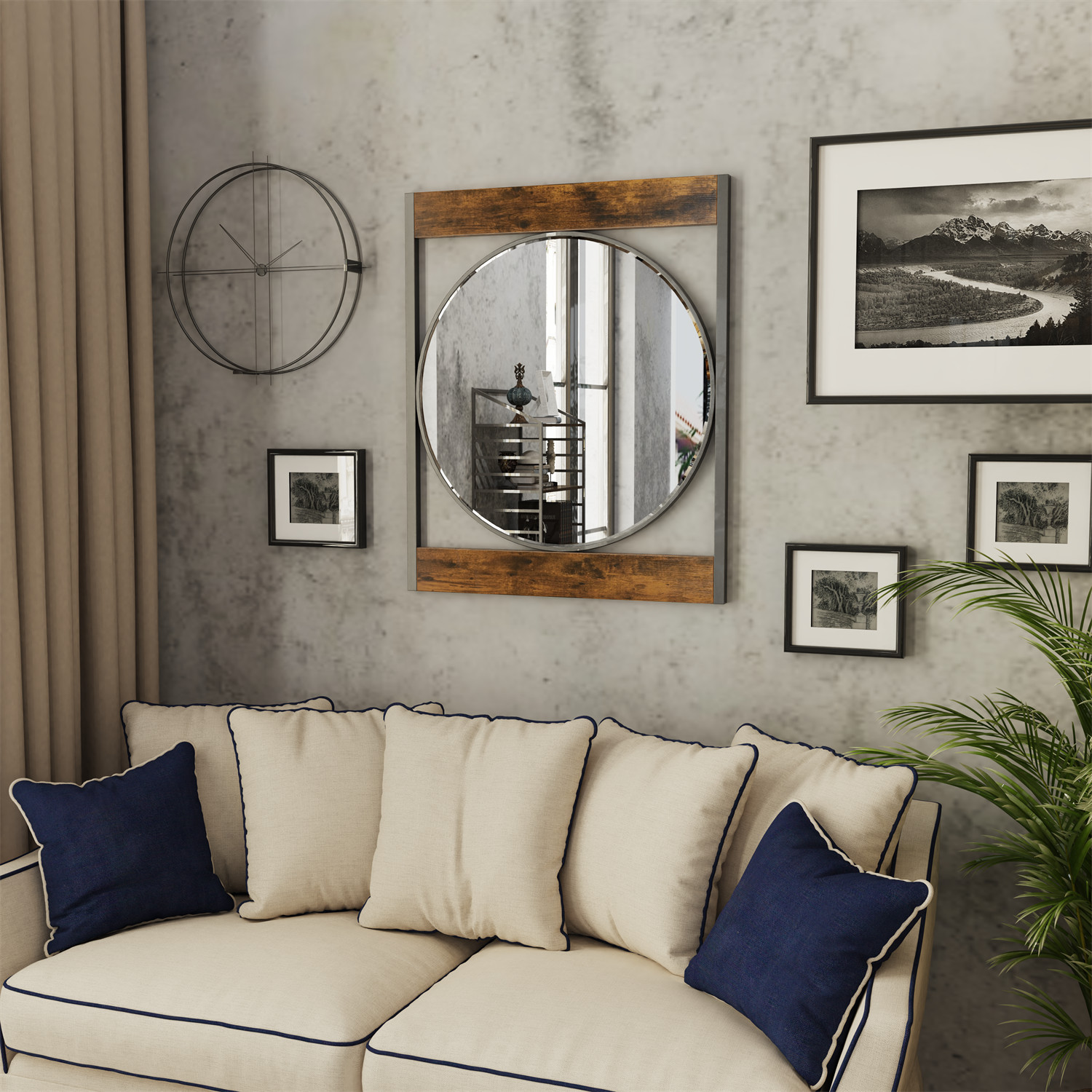 Farmhouse Wood Frame Round Bathroom Mirror 30 in Wall Hanging Accent Mirror