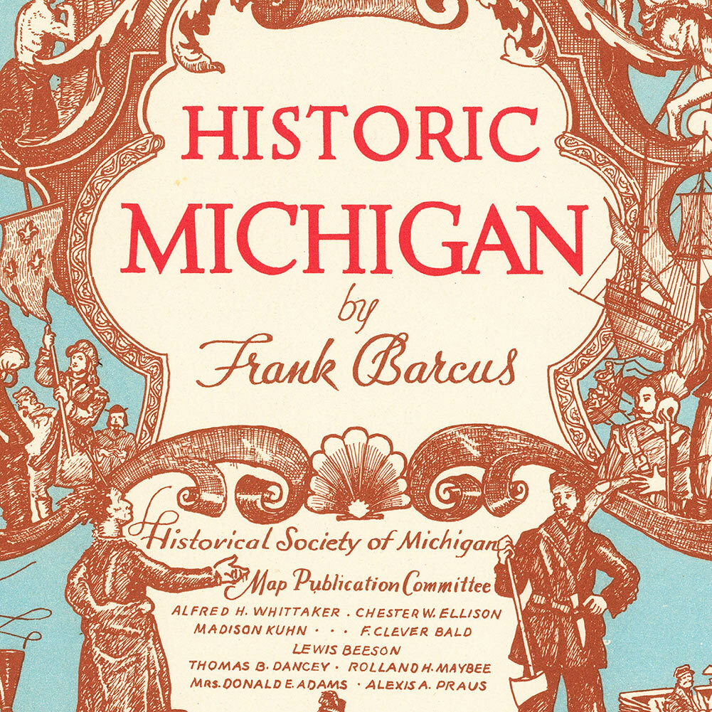 Historic Michigan State Map – Pictorial Art Print Poster by Barcus circa 1952
