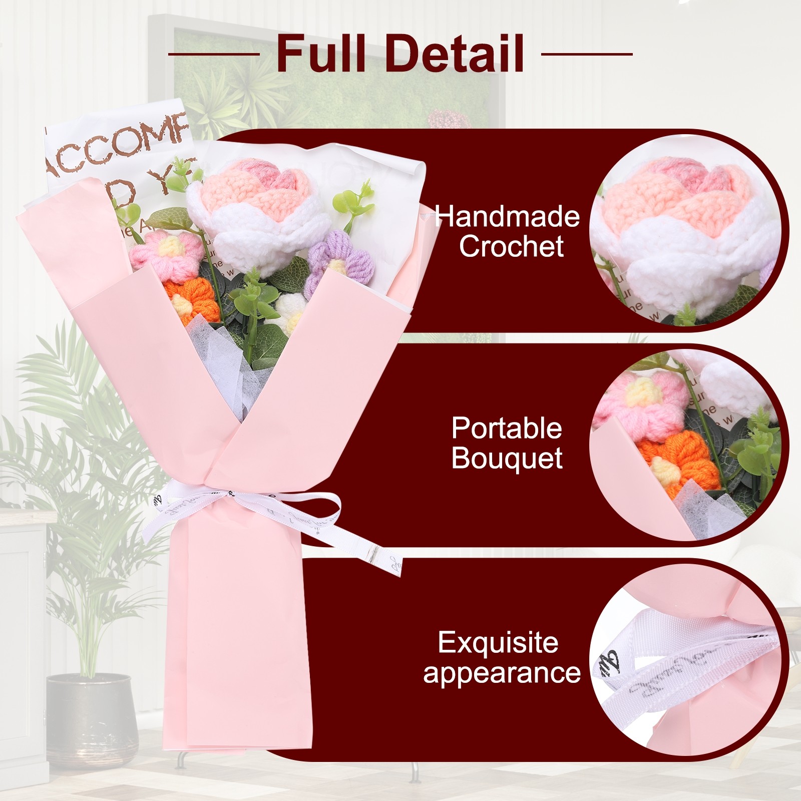 Crochet Flowers Bouquet Handmade Knitted Bouquet Rose Gradient Powder for DIY